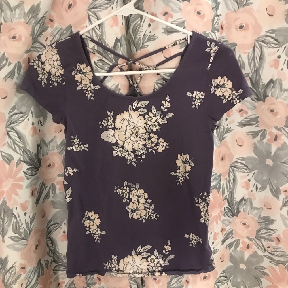 PURPLE FLORAL TEE WITH STRAPPY BACK